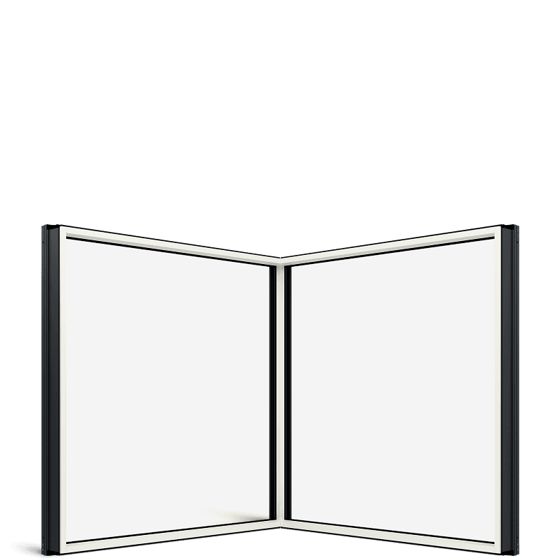 Angled view of white Marvin Modern Corner windows.