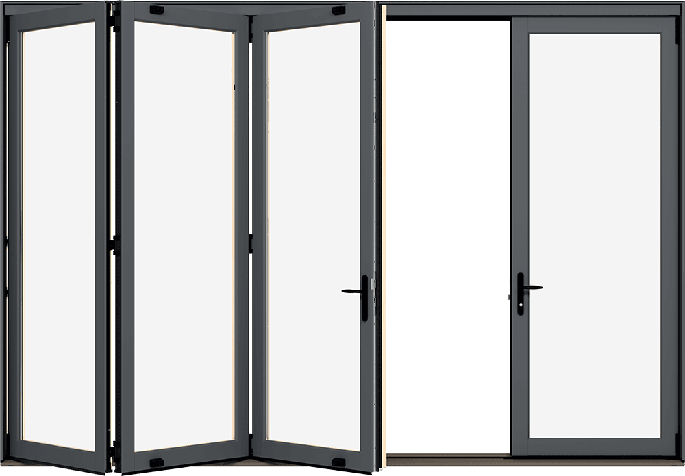 A product photo of a Marvin Elevate Bi-Fold door, open, exterior view.