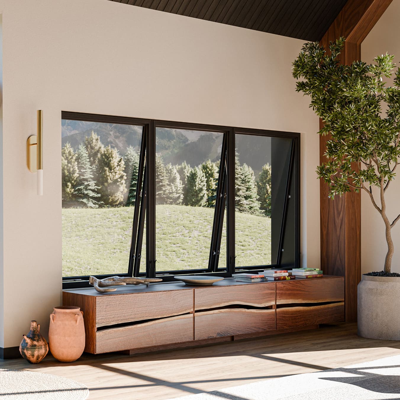 Living room with Marvin Vivid Awning, Direct Glaze windows and Bi-fold Door