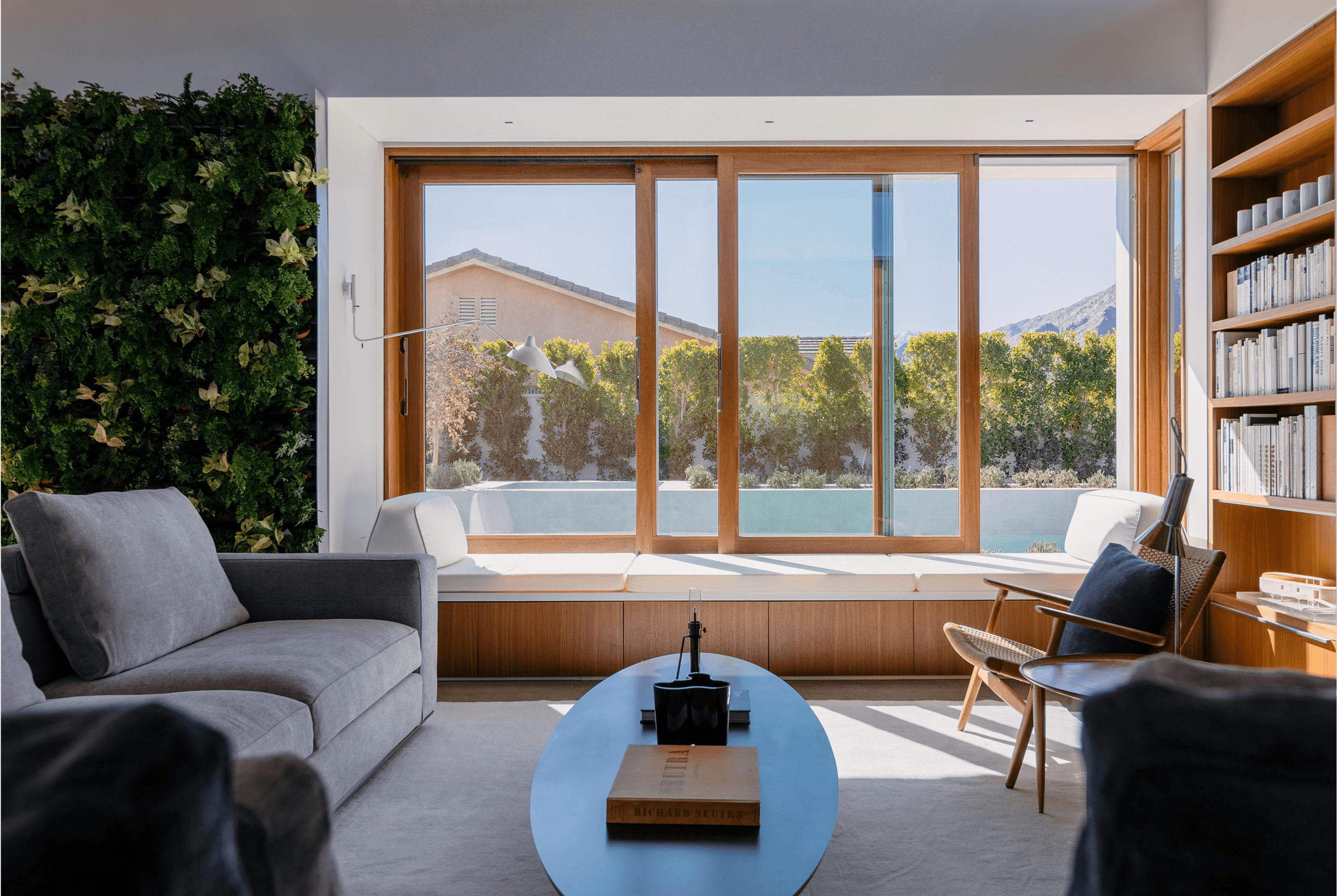 Living room interior with a large Marvin Ultimate Lift and Slide Door.