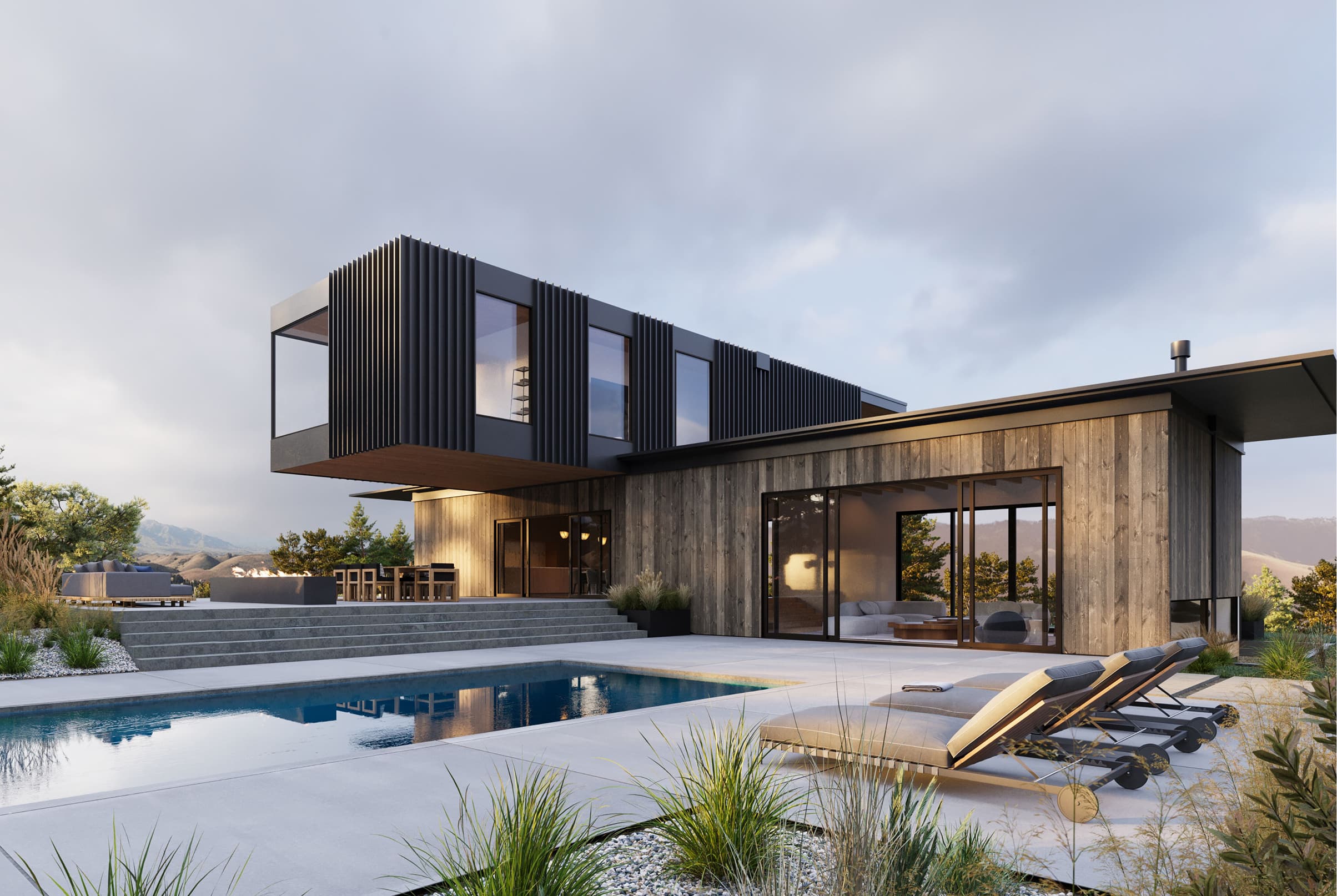 Modern home exterior with a pool int he foreground with a Marvin Modern Sliding Door and Direct Glaze windows.